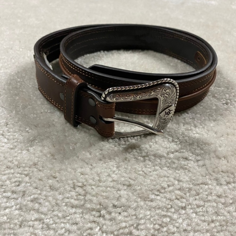 Ariat Belt Mens 42 Brown Genuine Leather Western Silver Engraved Buckle
